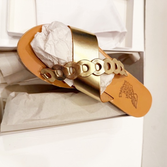 Ancient GreekThais Links Leather Slide Sandal in Platinum NEW